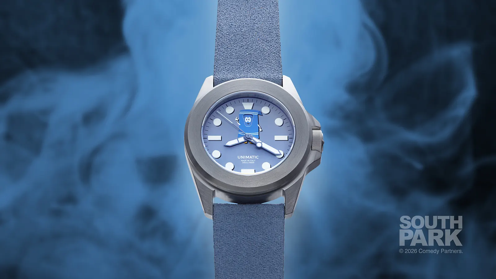 UNIMATIC Modello Quattro UT4-TW Towelie dial detail showing animated day-display window