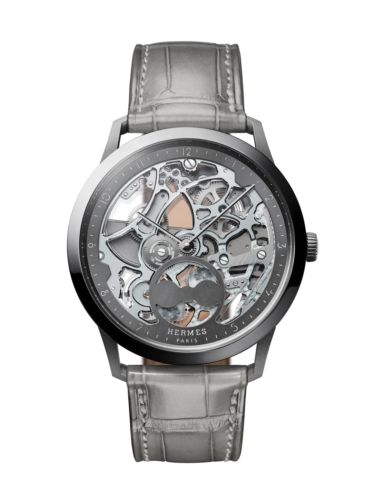 Hermès Slim d'Hermès Squelette Lune in vert d'eau with openworked dial and double moon phase at 6:00