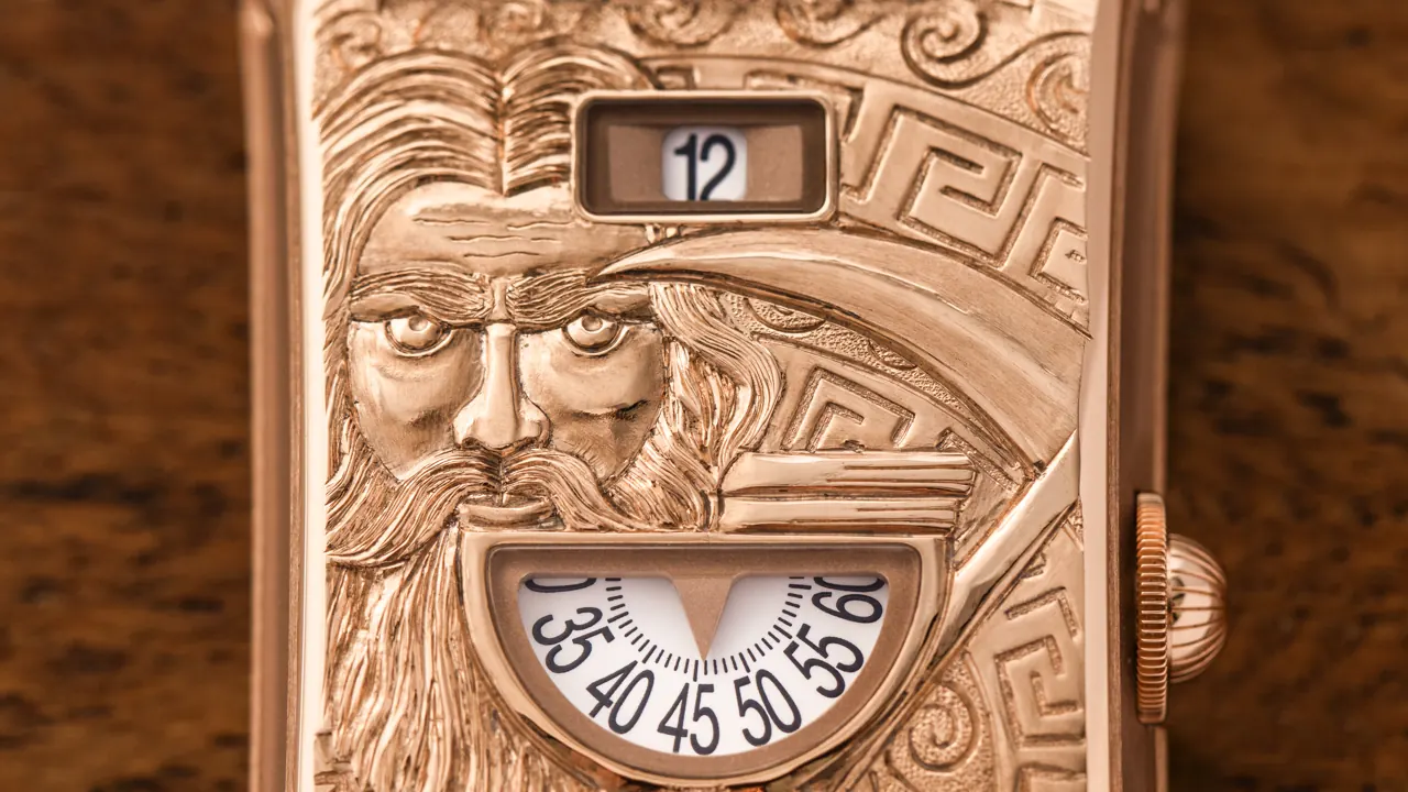 CHRONOSWISS Neo Digiteur Chronos solid 5N gold hand-engraved case showing the figure of Chronos
