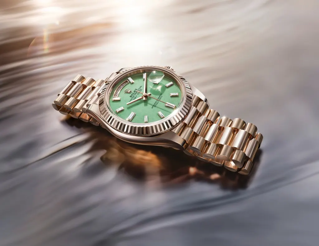 Rolex Day-Date 40 Jubilee Gold case and President bracelet detail with concealed Crownclasp