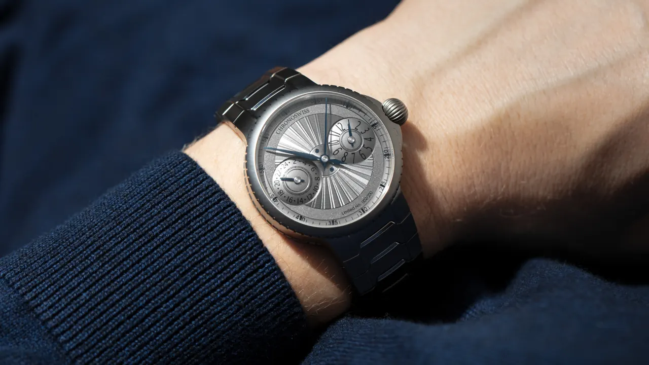 Chronoswiss Pulse GMT Silver Guilloche 41mm Grade 5 titanium case and integrated bracelet
