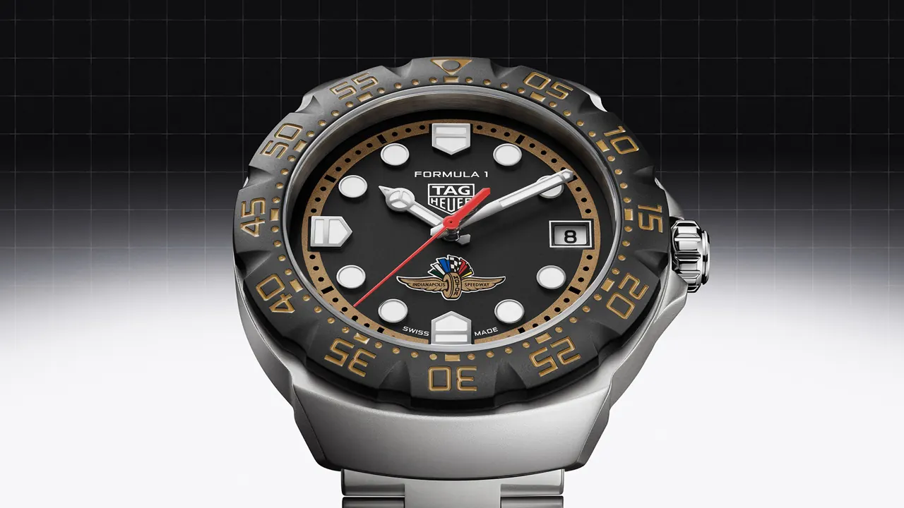 TAG Heuer Formula 1 Solargraph X Indy 500 38mm sandblasted steel case and three-row bracelet detail