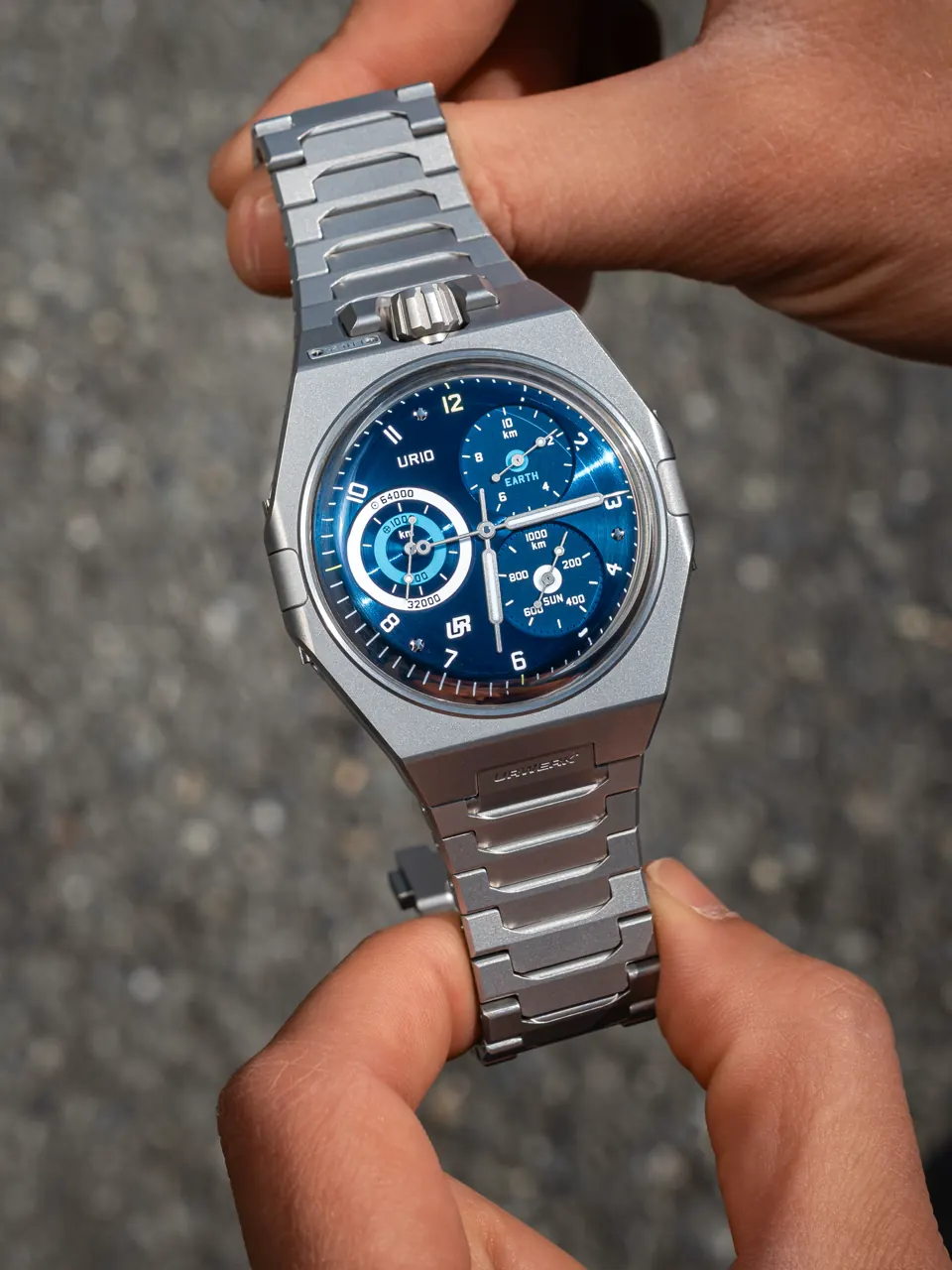 URWERK UR-10 SpaceMeter Blue caseback showing 24-hour scale with Rotation and Revolution engravings