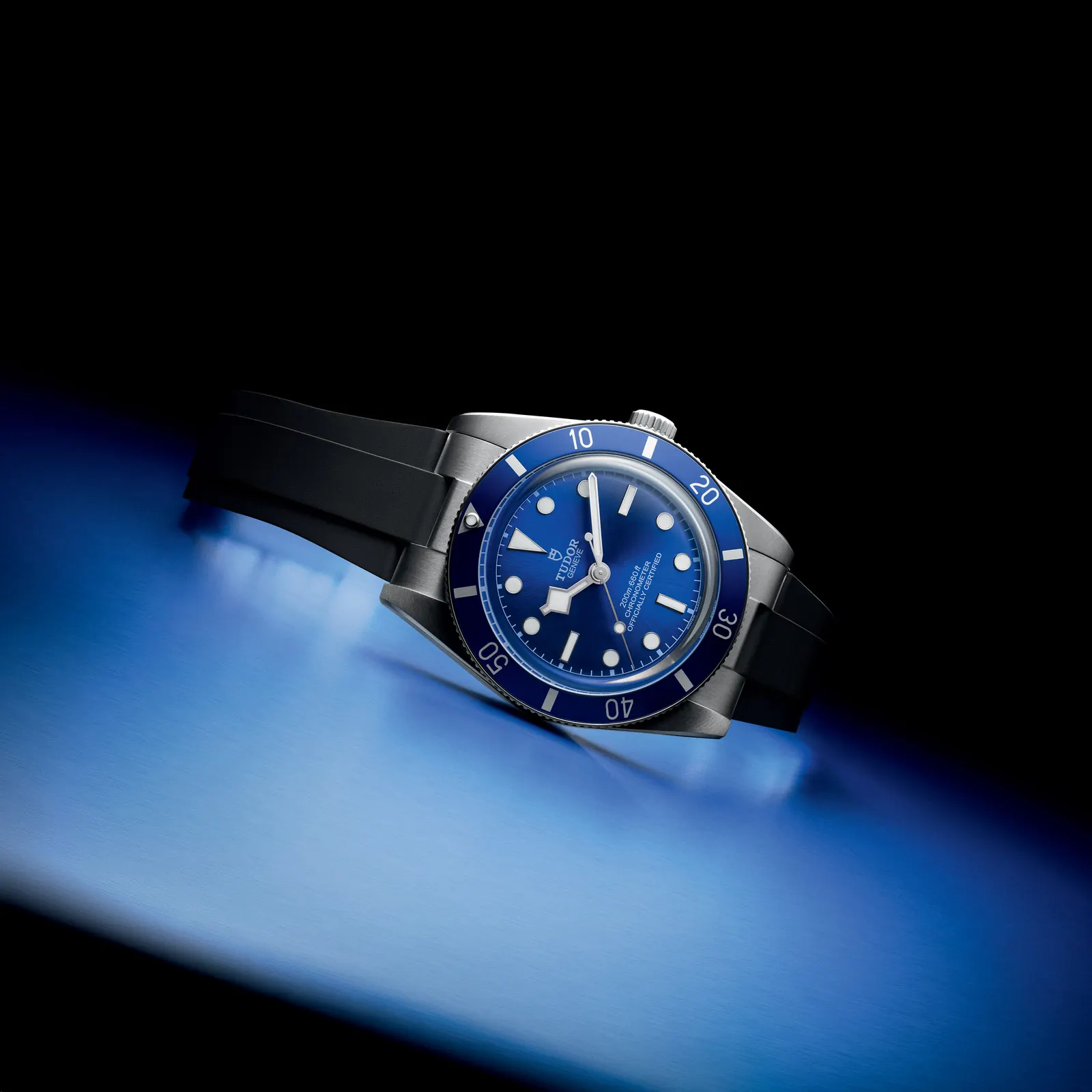 Tudor Black Bay 54 Tudor Blue 37mm case detail with snowflake hands and lollipop seconds hand