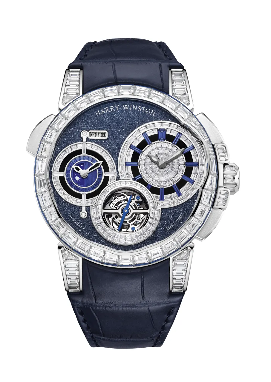 Harry Winston Ocean Tourbillon GMT Worldtimer case side view showing double-deck invisible set baguette-cut blue sapphires and diamonds