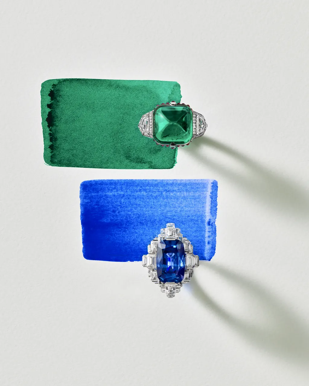 Cartier Tetraya ring featuring 20.24-carat Colombian emerald with shield-cut diamonds and calibre-cut rubies