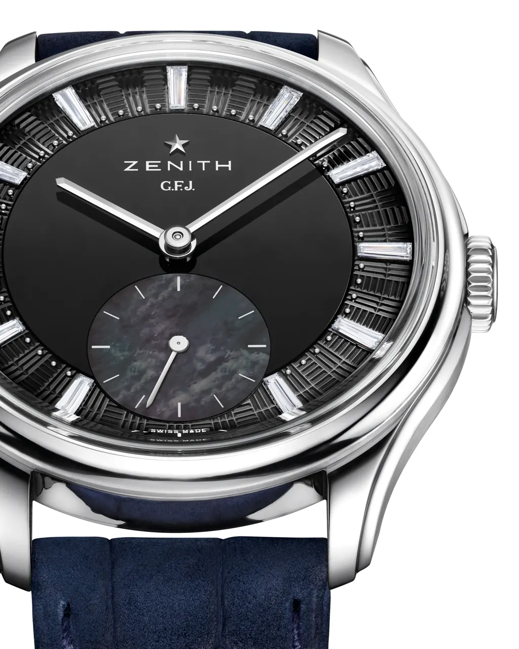 Zenith G.F.J. Calibre 135 movement with Côtes de Genève and ruthenium finishing visible through sapphire caseback