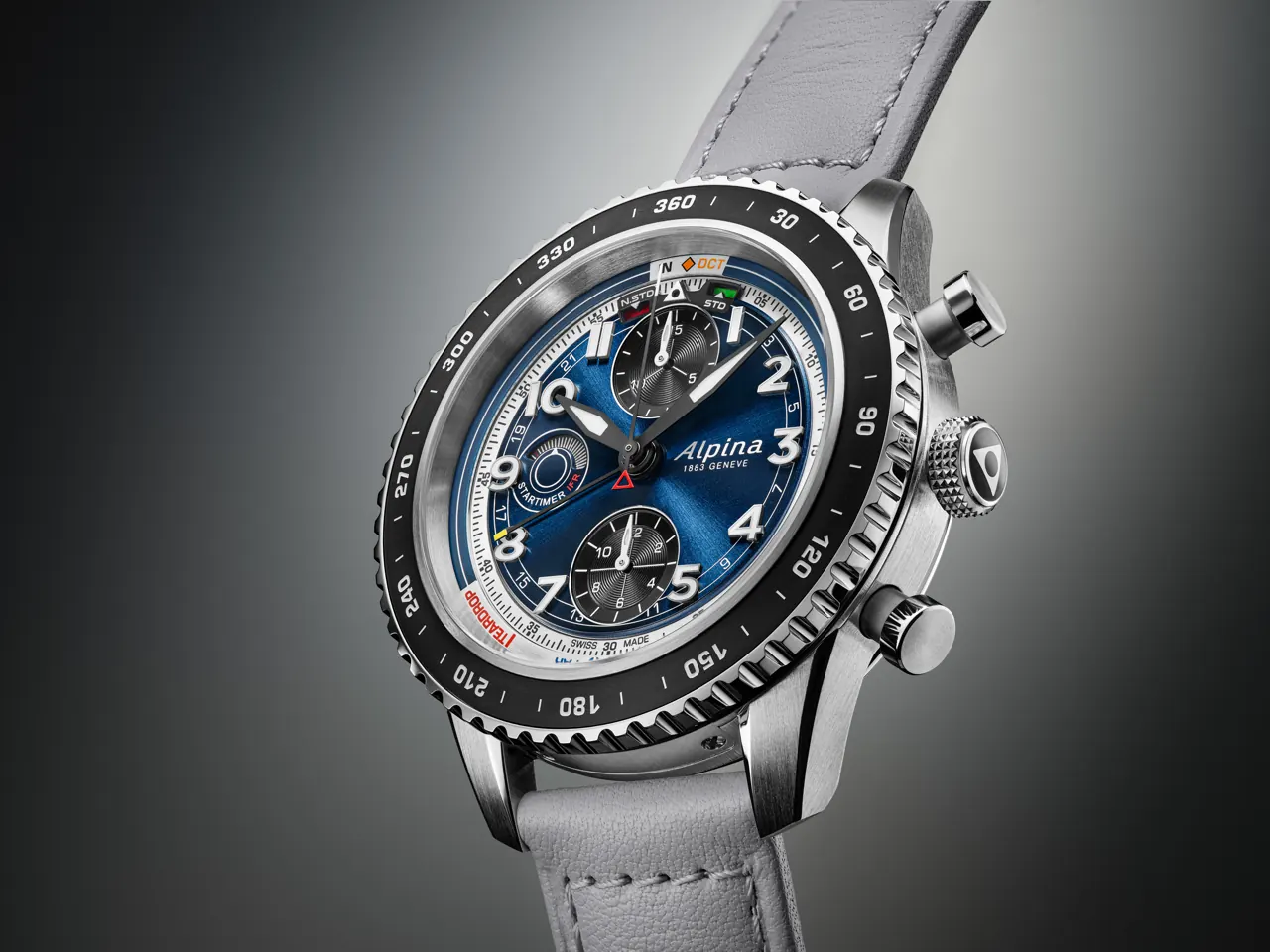 Alpina Startimer IFR ceramic bezel detail showing orange red and blue colour-coded entry zones