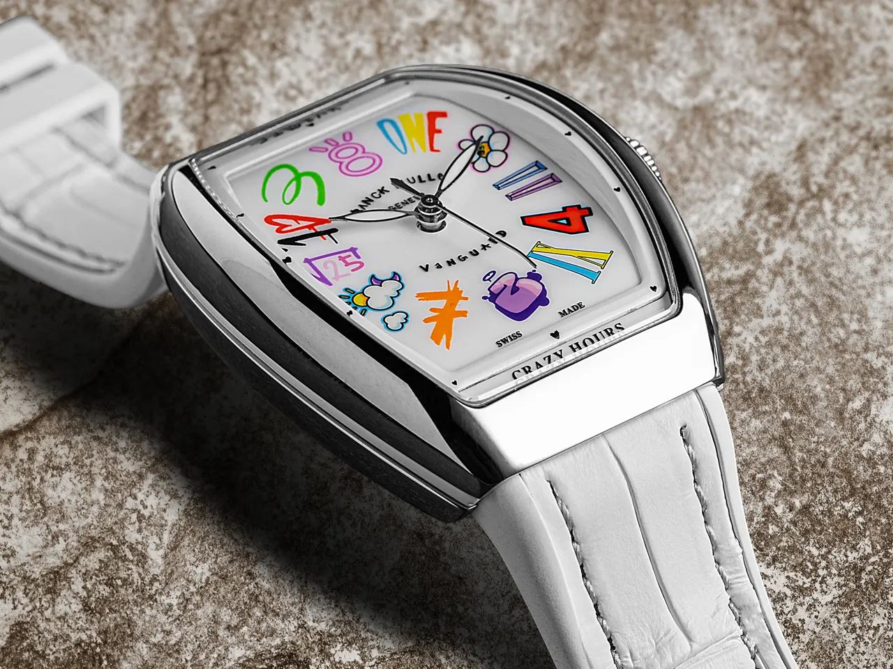Franck Muller Crazy Hours x Jisbar 32mm steel case on white strap