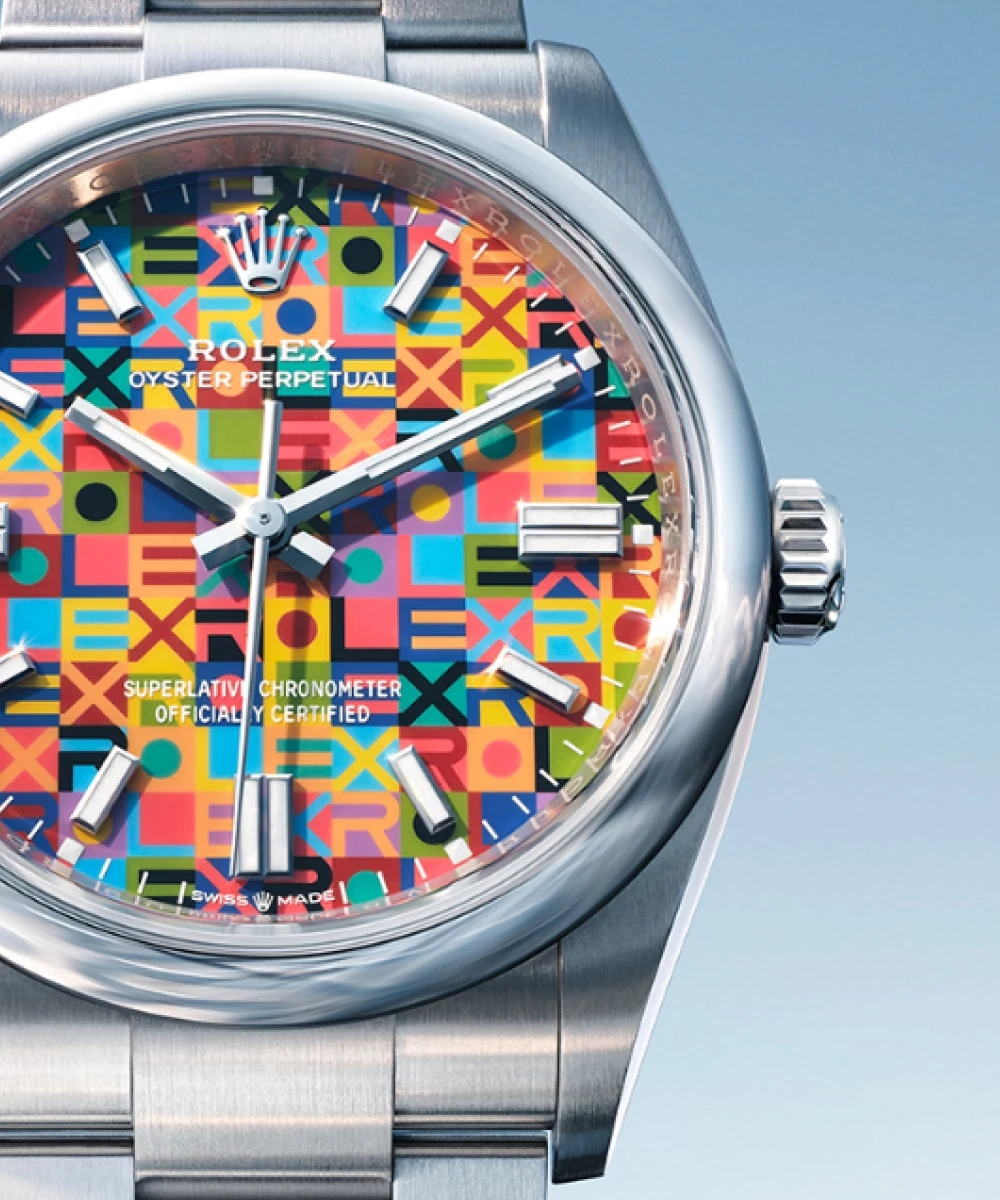 Rolex Oyster Perpetual 36 — detail of the Twinlock winding crown and case flank