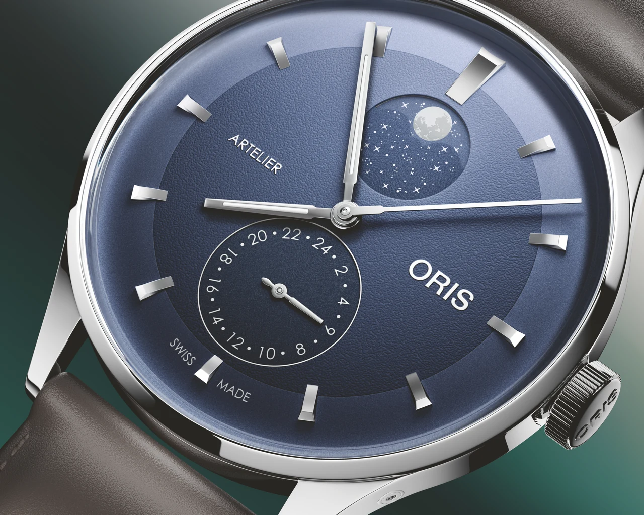 Oris Artelier Complication ivory dial on leather strap showing domed sapphire crystal detail