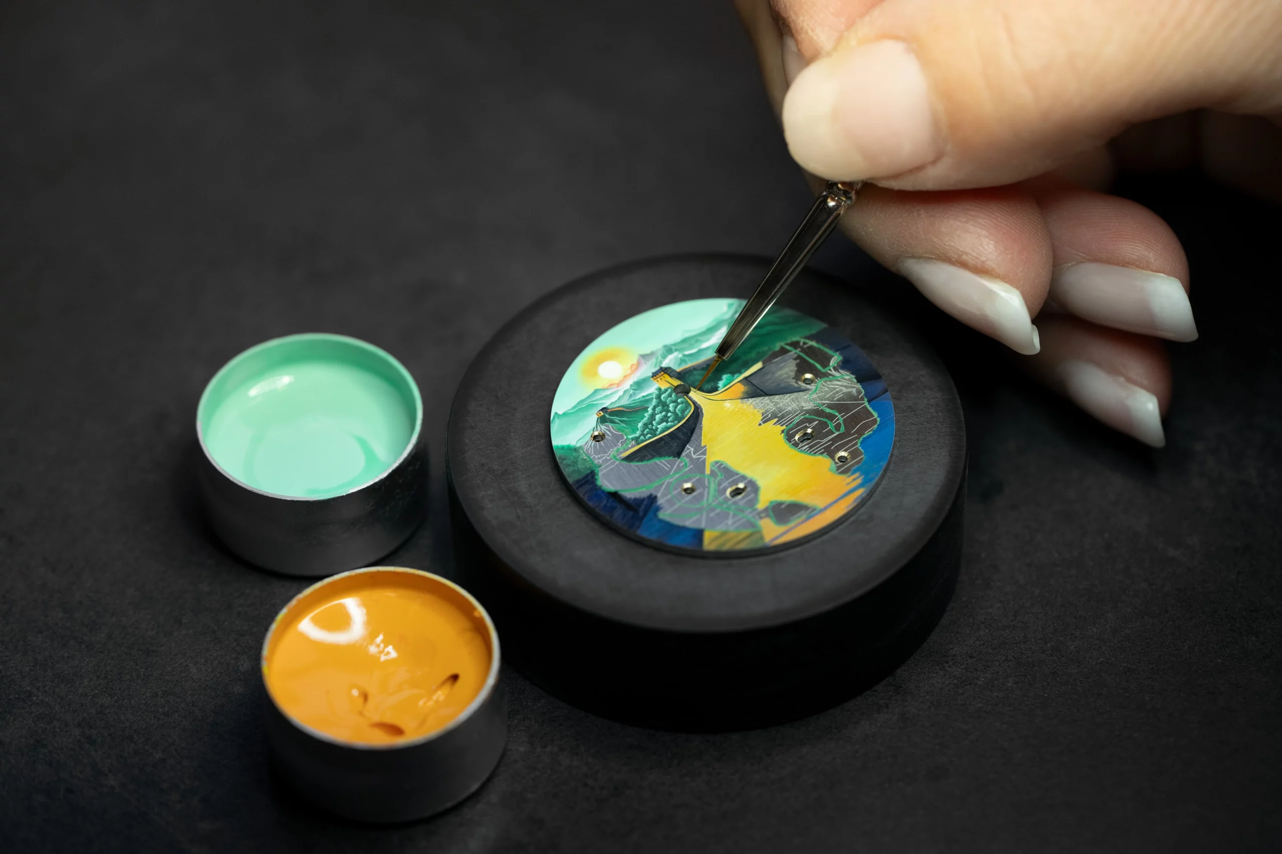 Jaquet Droz Joyful Birds Great Wall close-up of miniature painting showing Great Wall of China backdrop