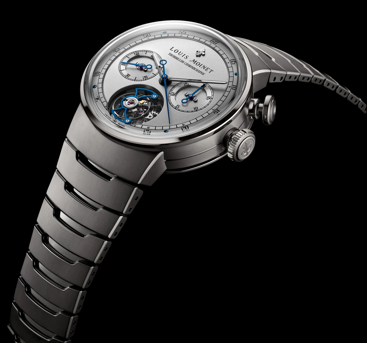 Louis Moinet 1816 Tourbillon Chronograph — grade 5 titanium case detail showing monopusher and double gadroon