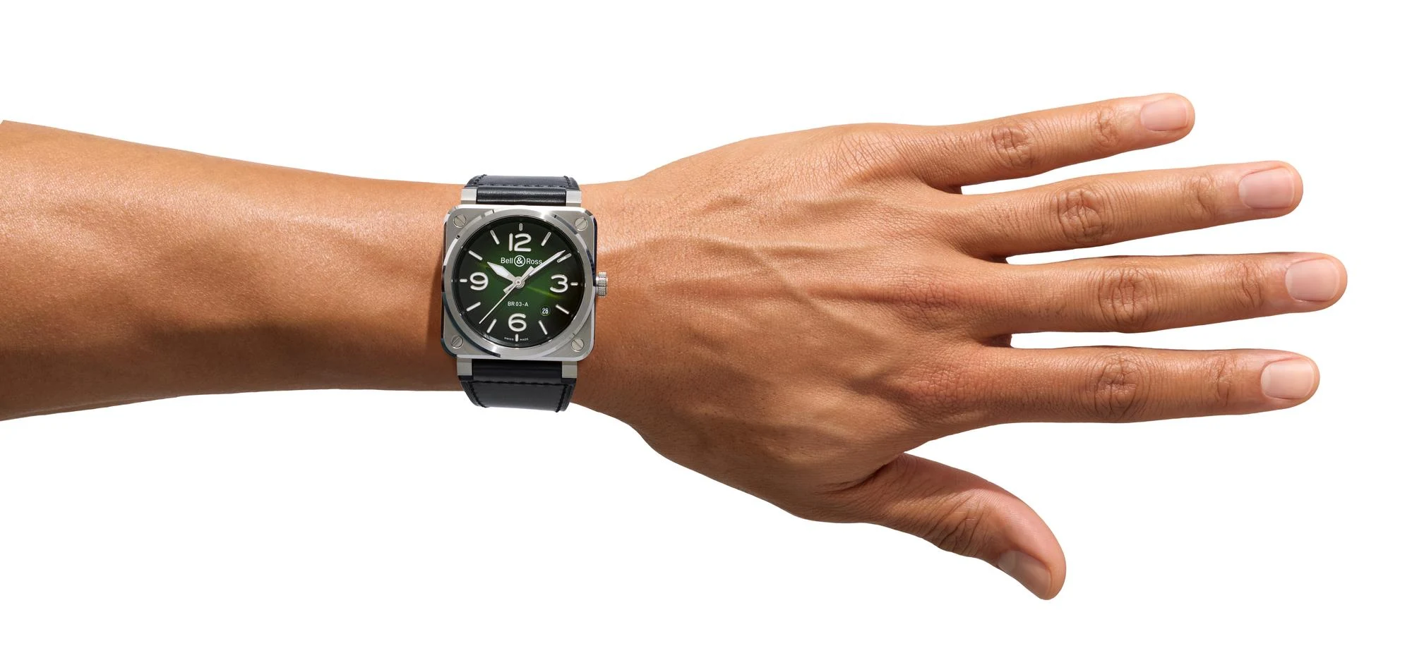 BR-03 Green Steel dial detail showing sunray guilloche finish and Super-LumiNova indices