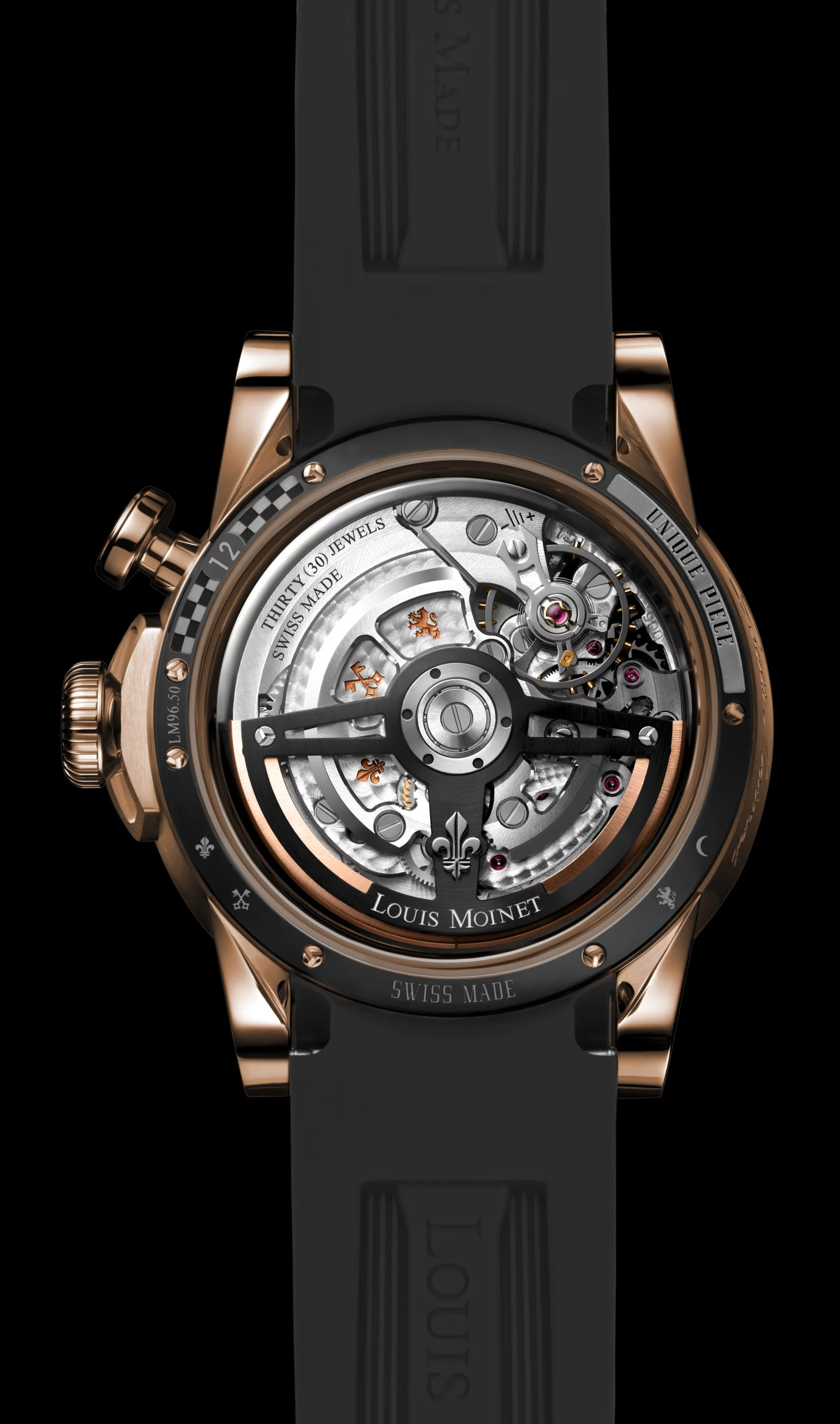 Louis Moinet Time to Race Flash – sapphire dome and column-wheel chronograph movement detail