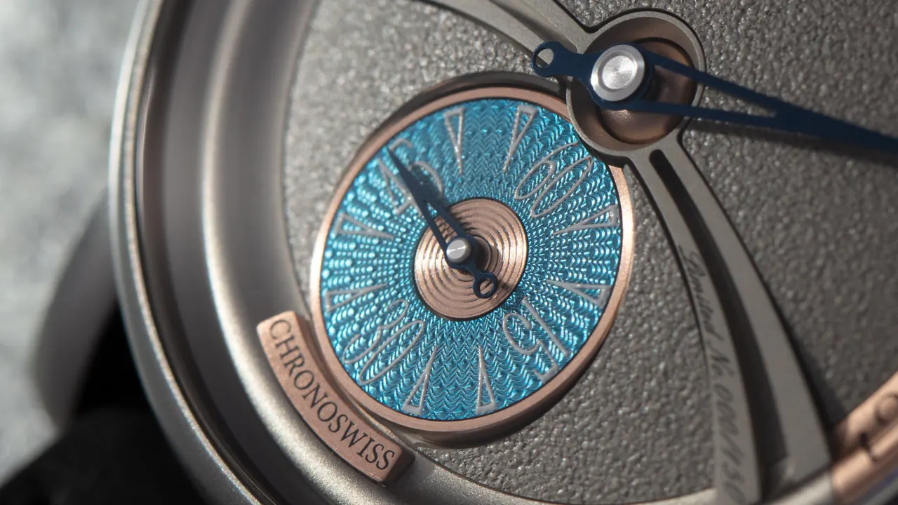 Chronoswiss Delphis Art Deco baby-blue guilloché small seconds sub-dial detail