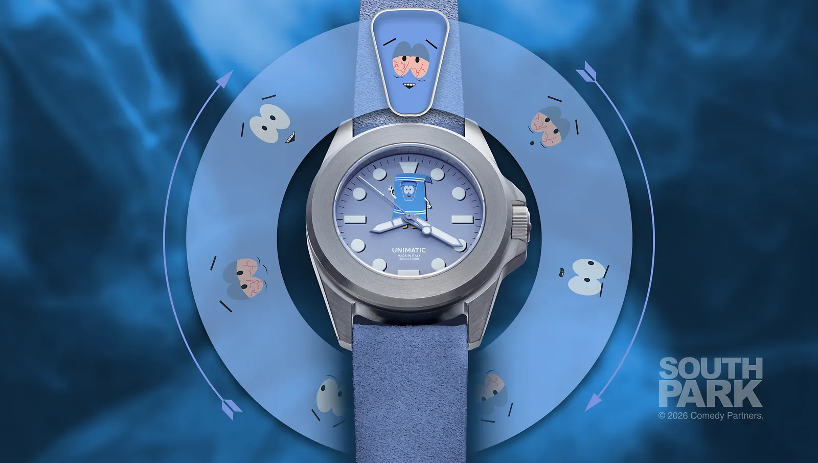 UNIMATIC UT4-TW South Park Towelie edition front view on purple TPU strap