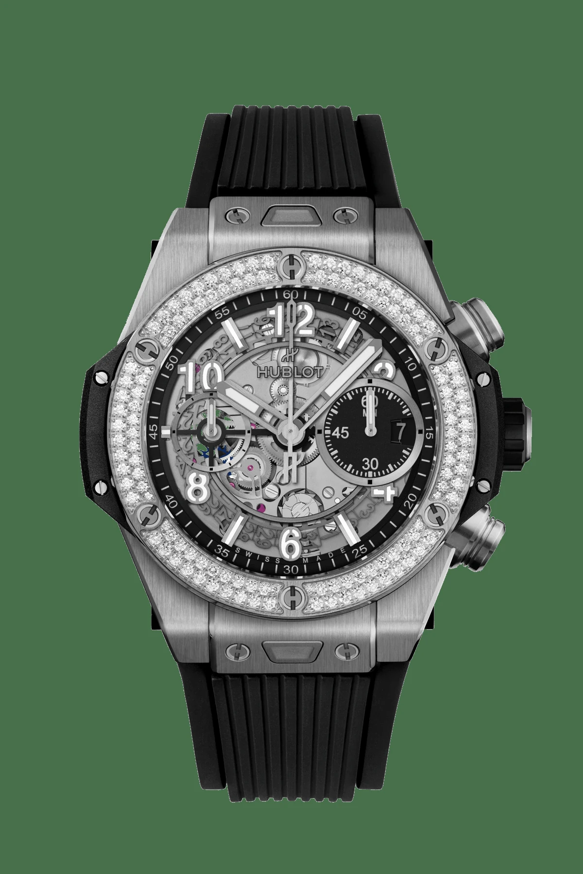 Hublot Big Bang Unico Titanium 42mm watch detail showcasing the in-house flyback chronograph movement