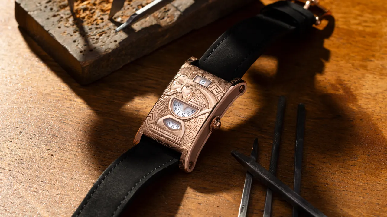 CHRONOSWISS Neo Digiteur Chronos jumping hour aperture detail with sweeping minutes and seconds