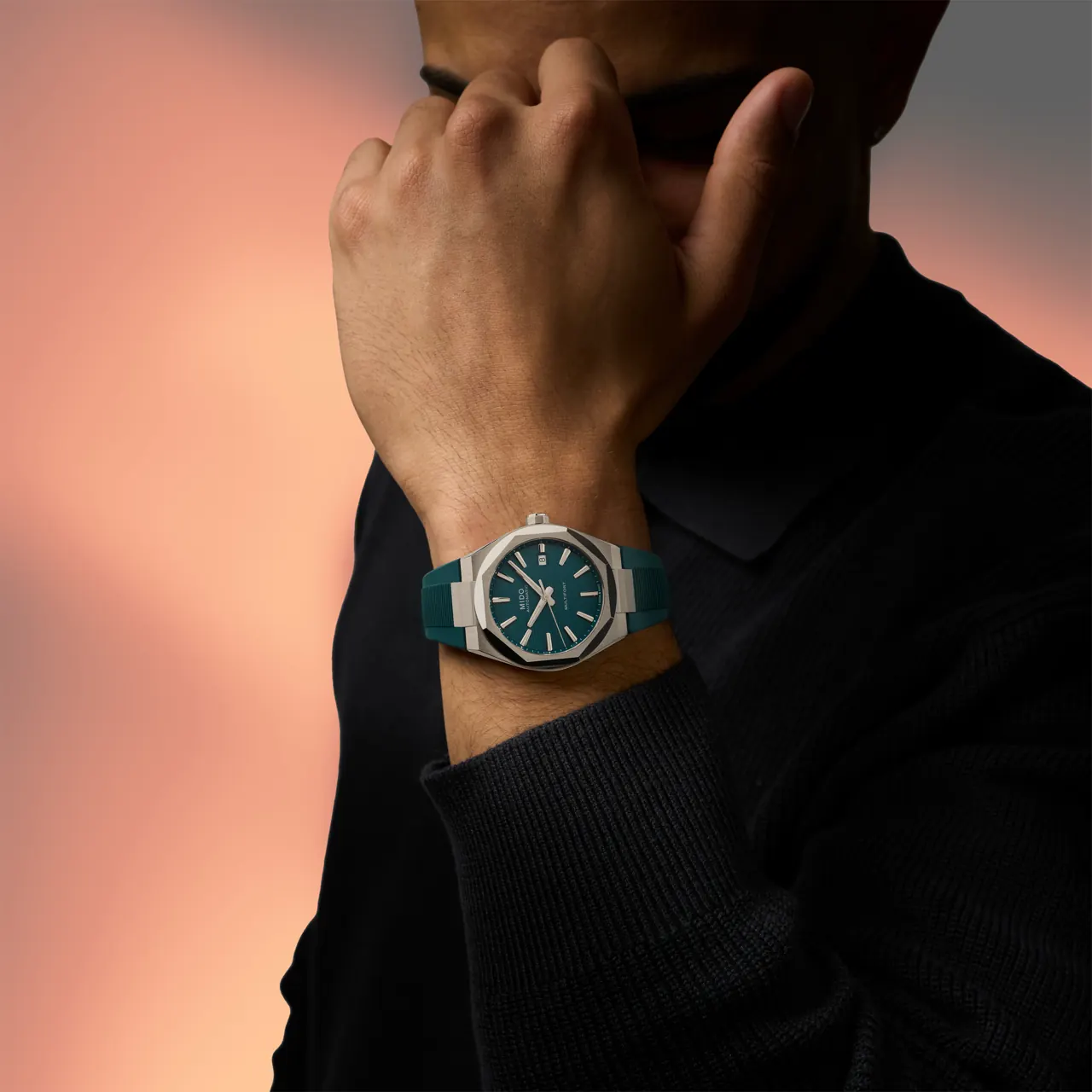 Mido Multifort 8 One Crown Midnight Green case back revealing Caliber 80 oscillating weight with Côtes de Genève