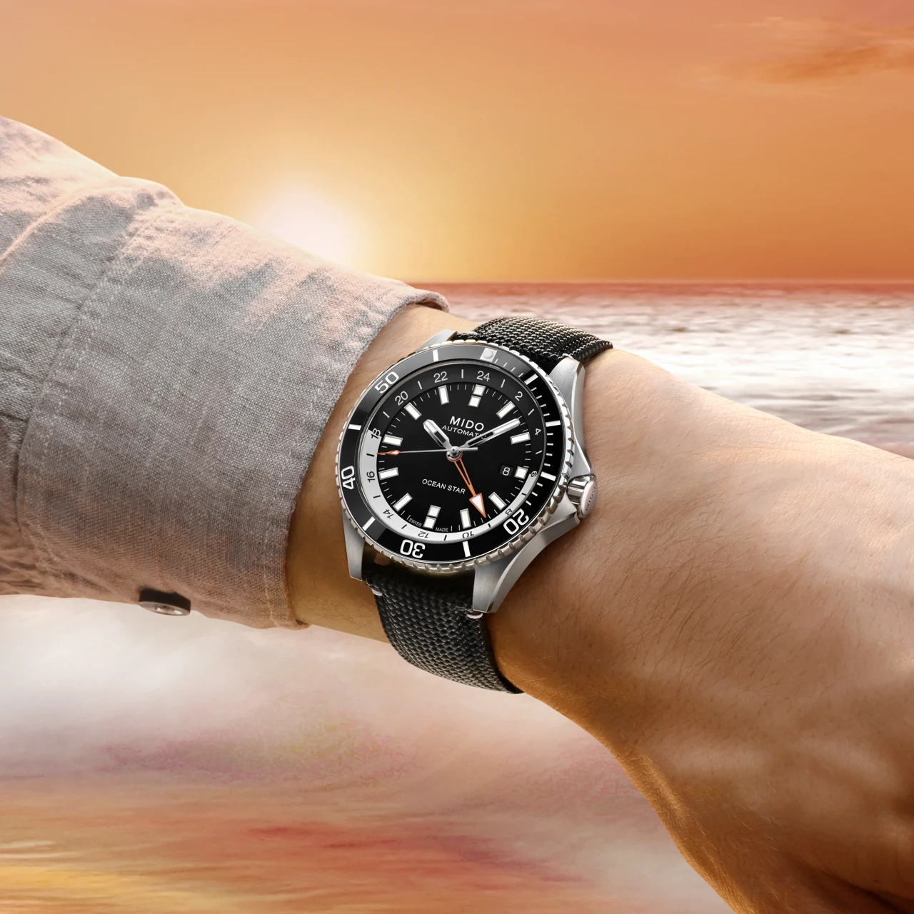 MIDO Ocean Star GMT on black textile strap with white stitching