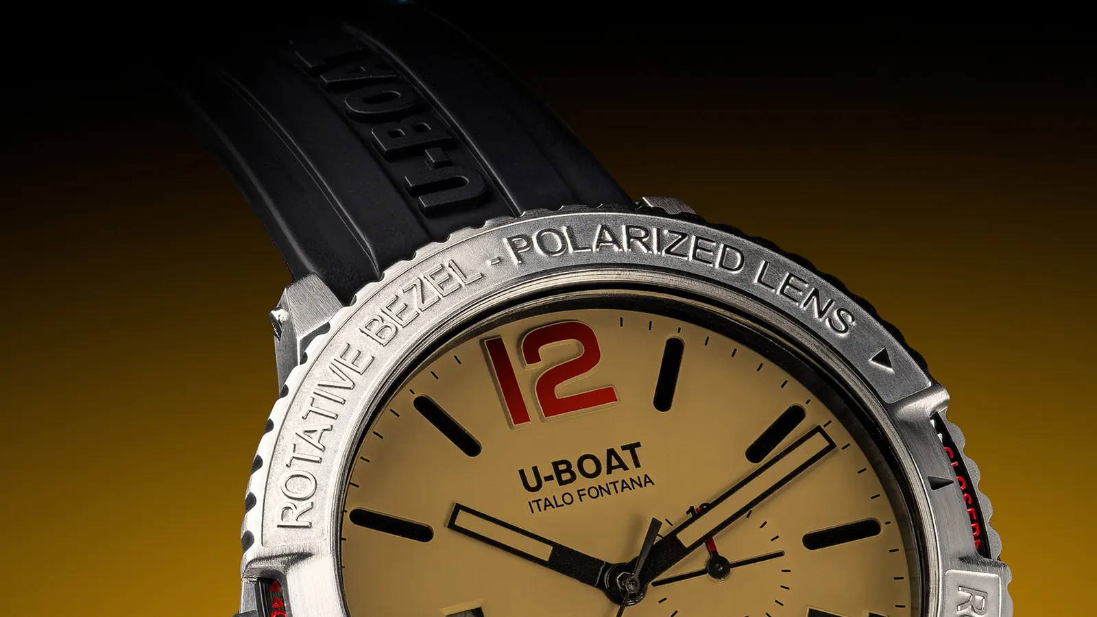U-BOAT Classico Polarized Dark Mistery dial detail showing black Super-LumiNova indexes and red 24-hour hand