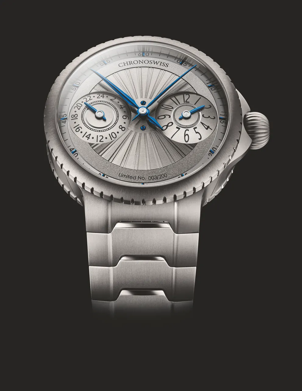 Chronoswiss Pulse GMT Silver Guilloche wrist shot showing architectural case profile