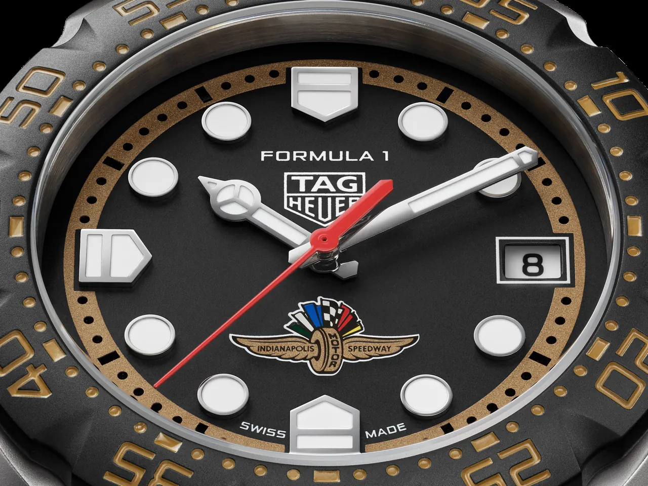 TAG Heuer Formula 1 Solargraph X Indy 500 caseback featuring Indy 500 logo and checkered flag pattern