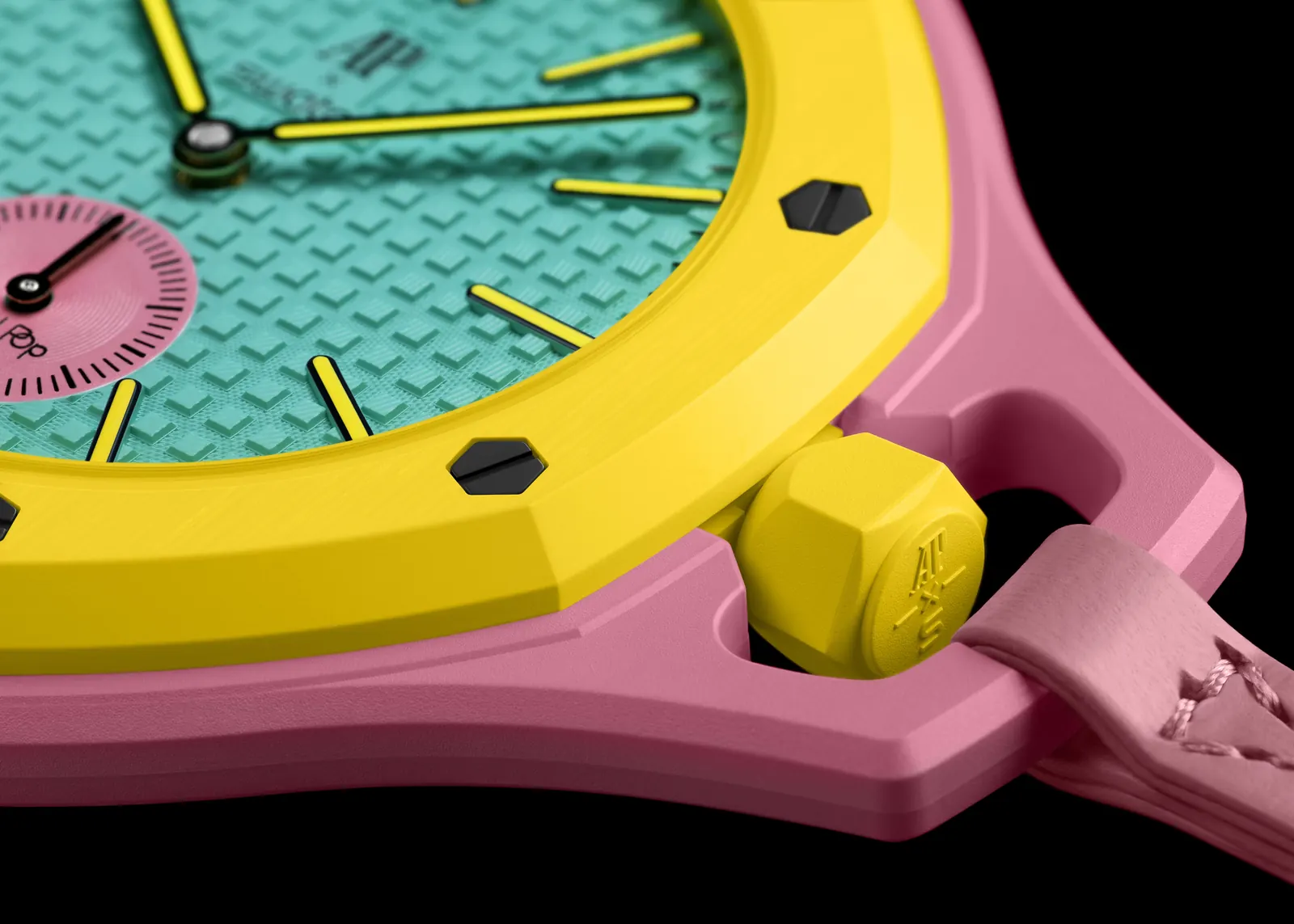 Audemars Piguet x Swatch Royal Pop dial close-up — Pop Art inspiration and Royal Oak octagonal codes