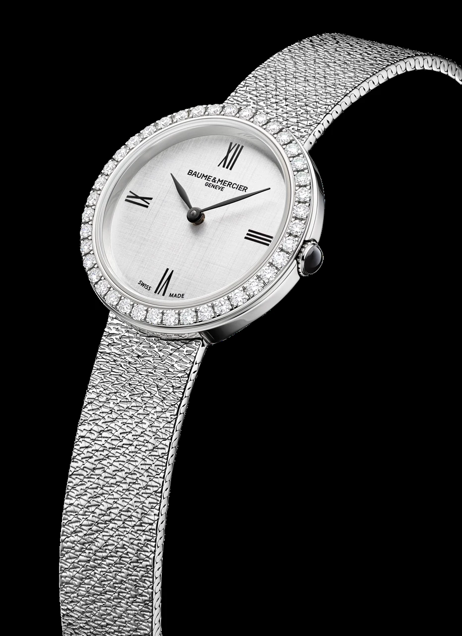 Baume & Mercier Joia M0A10850 28mm case without lugs showcasing polished stainless steel finish