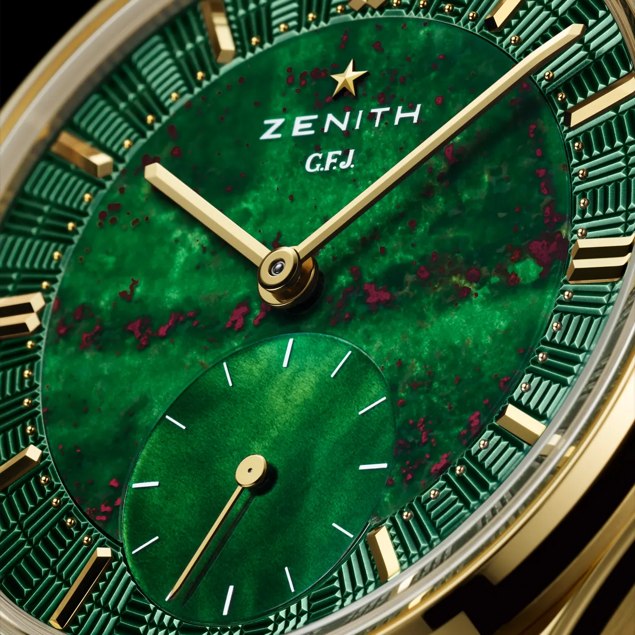 Zenith G.F.J. bloodstone dial with mother-of-pearl small seconds counter at 6 o'clock