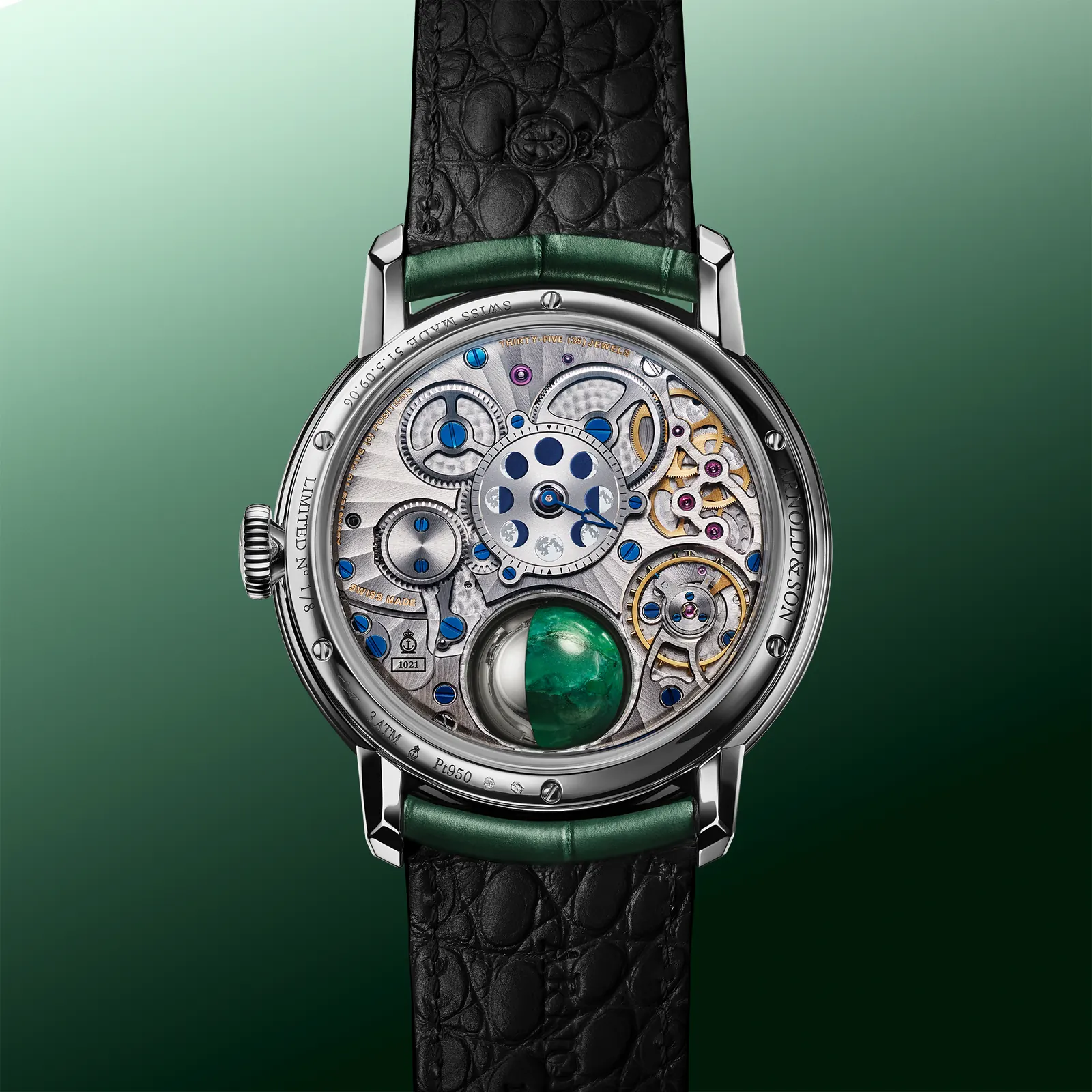 Arnold & Son Luna Magna Platinum case back with secondary moon-age display and A&S1021 calibre