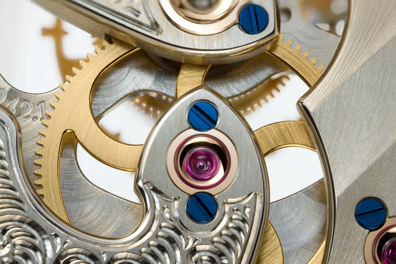 Reverse side of the Cabaret Tourbillon Honeygold revealing calibre L042.1 with three-quarter German silver plate
