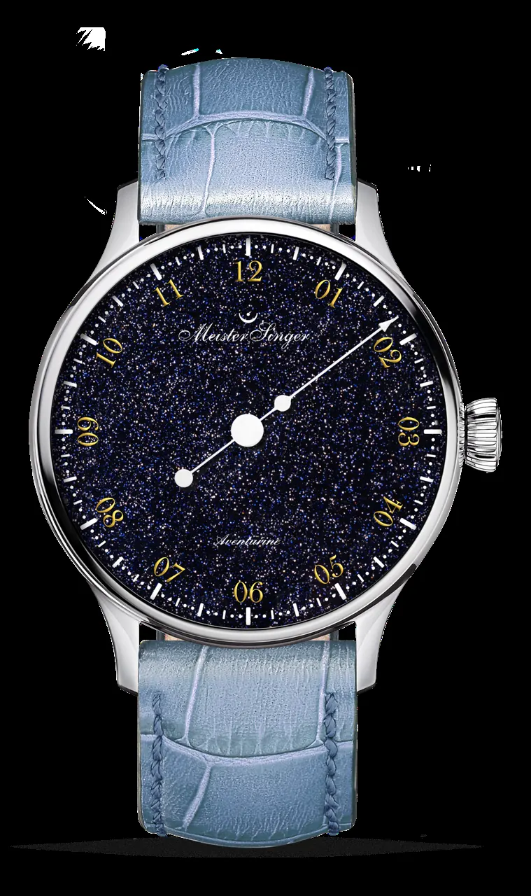MeisterSinger Pangaea Aventurine exhibition case back revealing Sellita SW200 movement