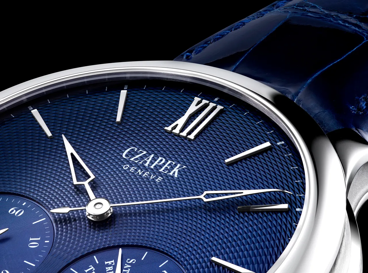 Czapek dial featuring guilloché pattern and signature 4:30 small seconds position