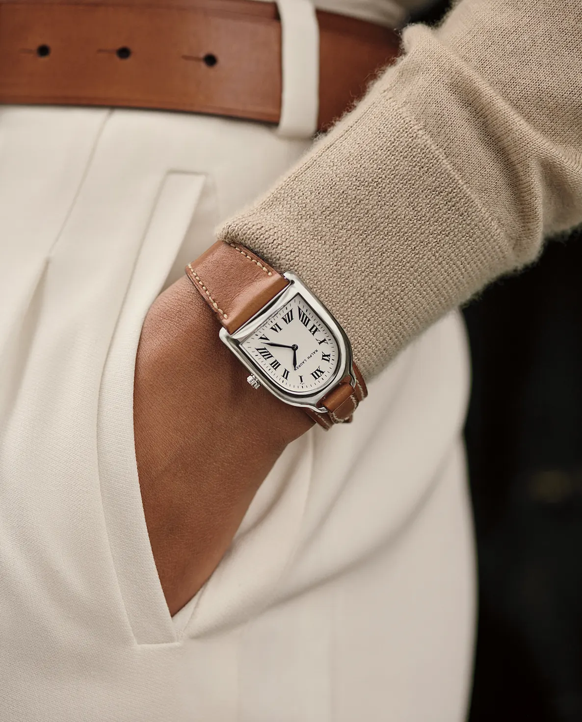 Ralph Lauren Stirrup Bangle Watch worn on wrist showing fluid jewellery-like profile