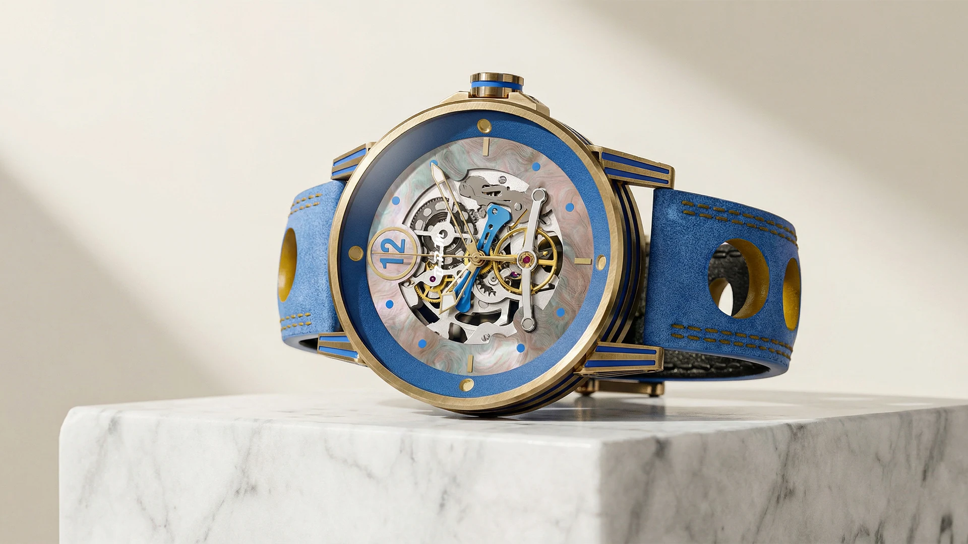 BRM Chronographes V6 Moon Master EV42 skeletonized movement detail, hand-finished and hand-painted