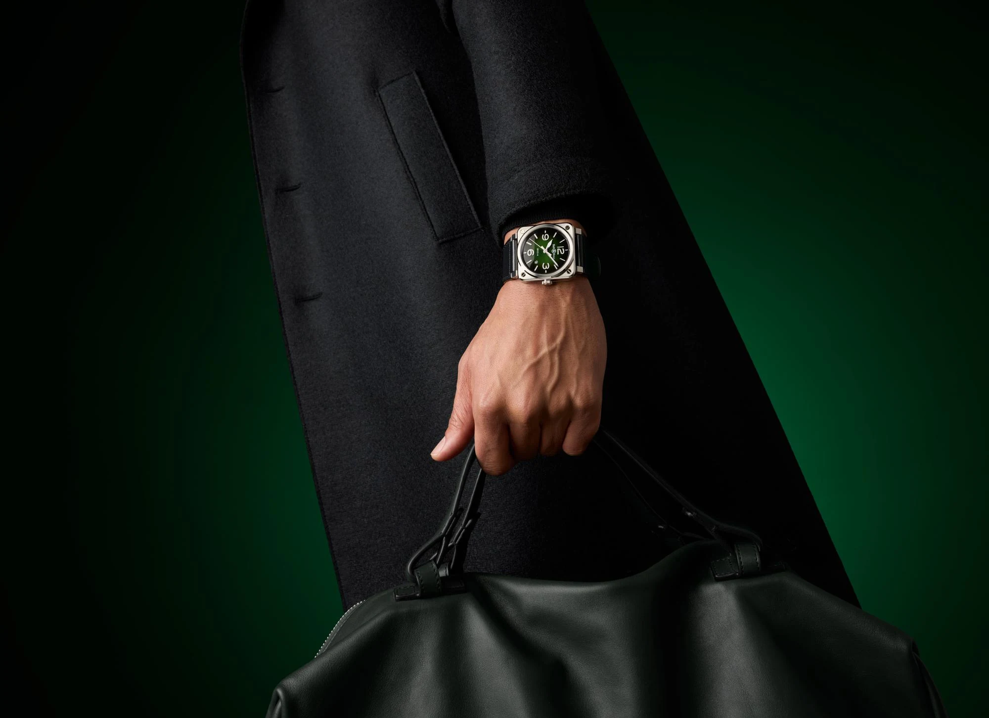 Bell & Ross BR-03 Green Steel on black calfskin strap — wrist view