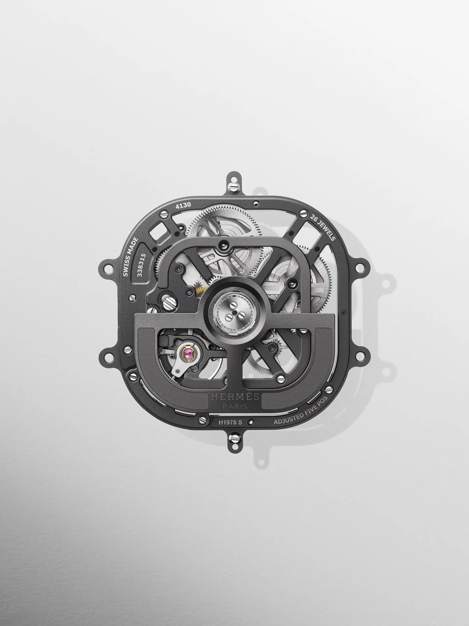Hermès H08 Squelette movement detail showing interlocking gears and architectural openwork