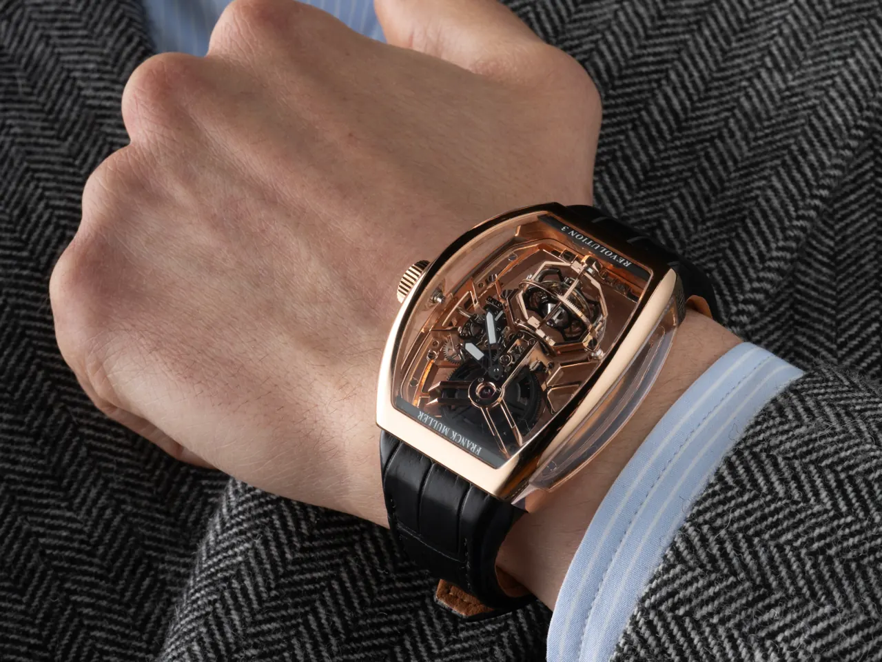 Franck Muller Vanguard Aero Revolution 3 Skeleton caseback crown corrector detail