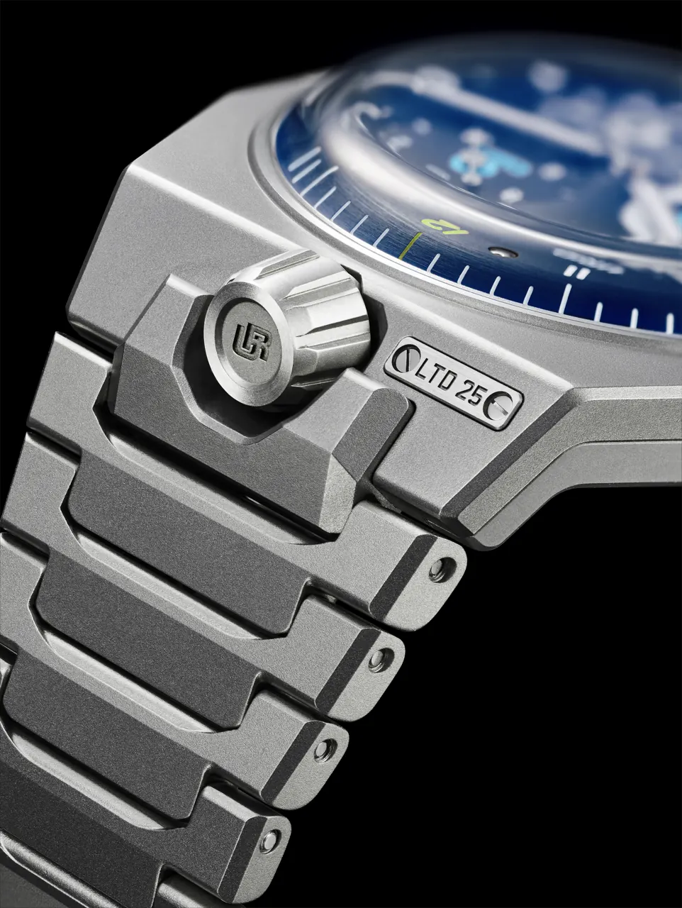 URWERK UR-10 SpaceMeter Blue on sandblasted titanium bracelet with folding clasp