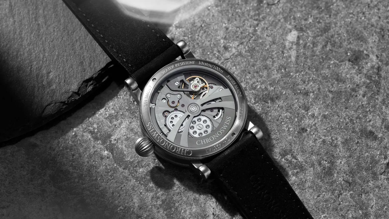Chronoswiss Delphis Art Deco on black nubuck strap full wrist view