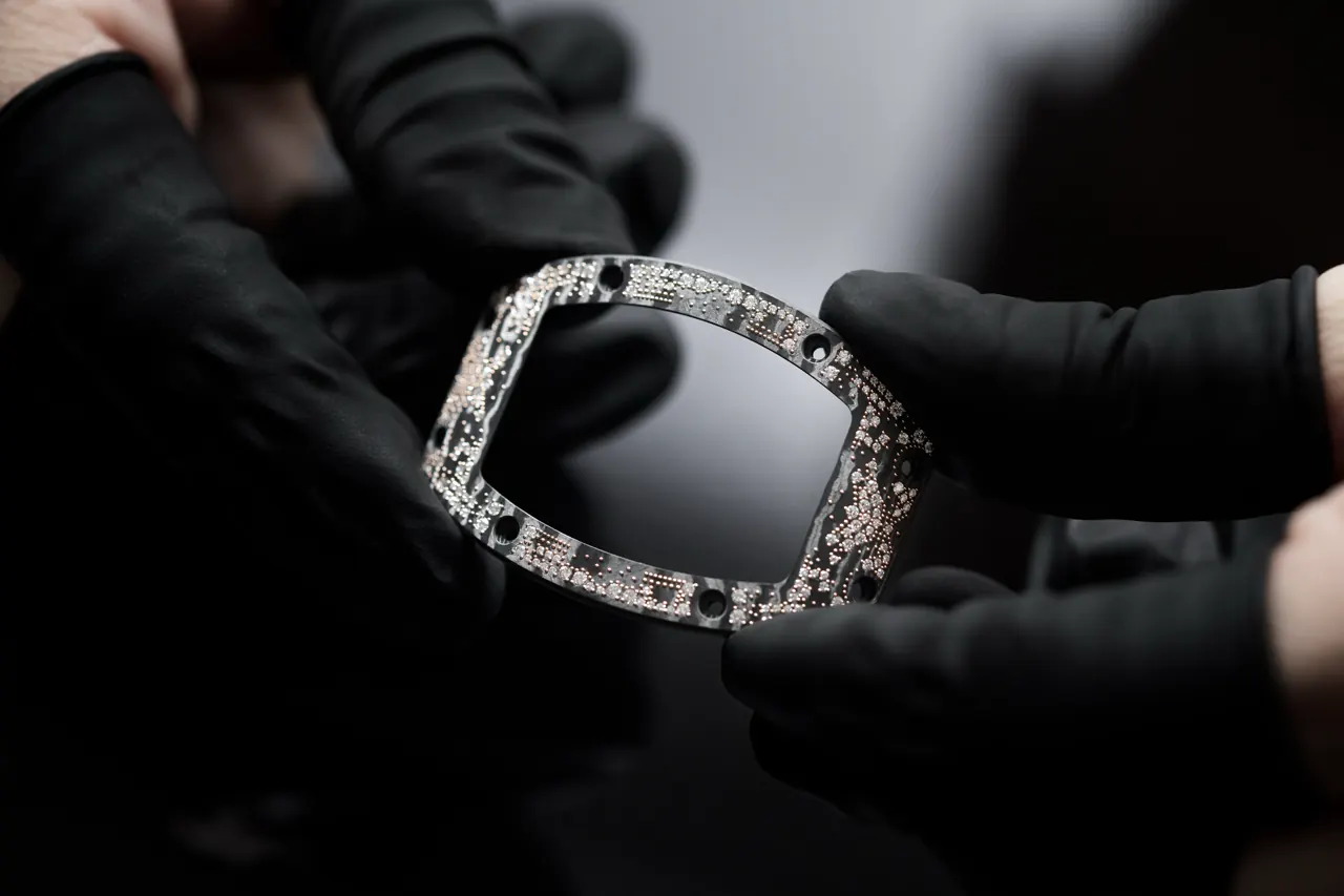 Richard Mille Carbon TPT case with precision CNC gemsetting cavities
