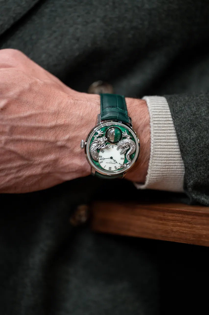 Arnold & Son Luna Magna Dragon Verdite full watch on imperial green alligator strap