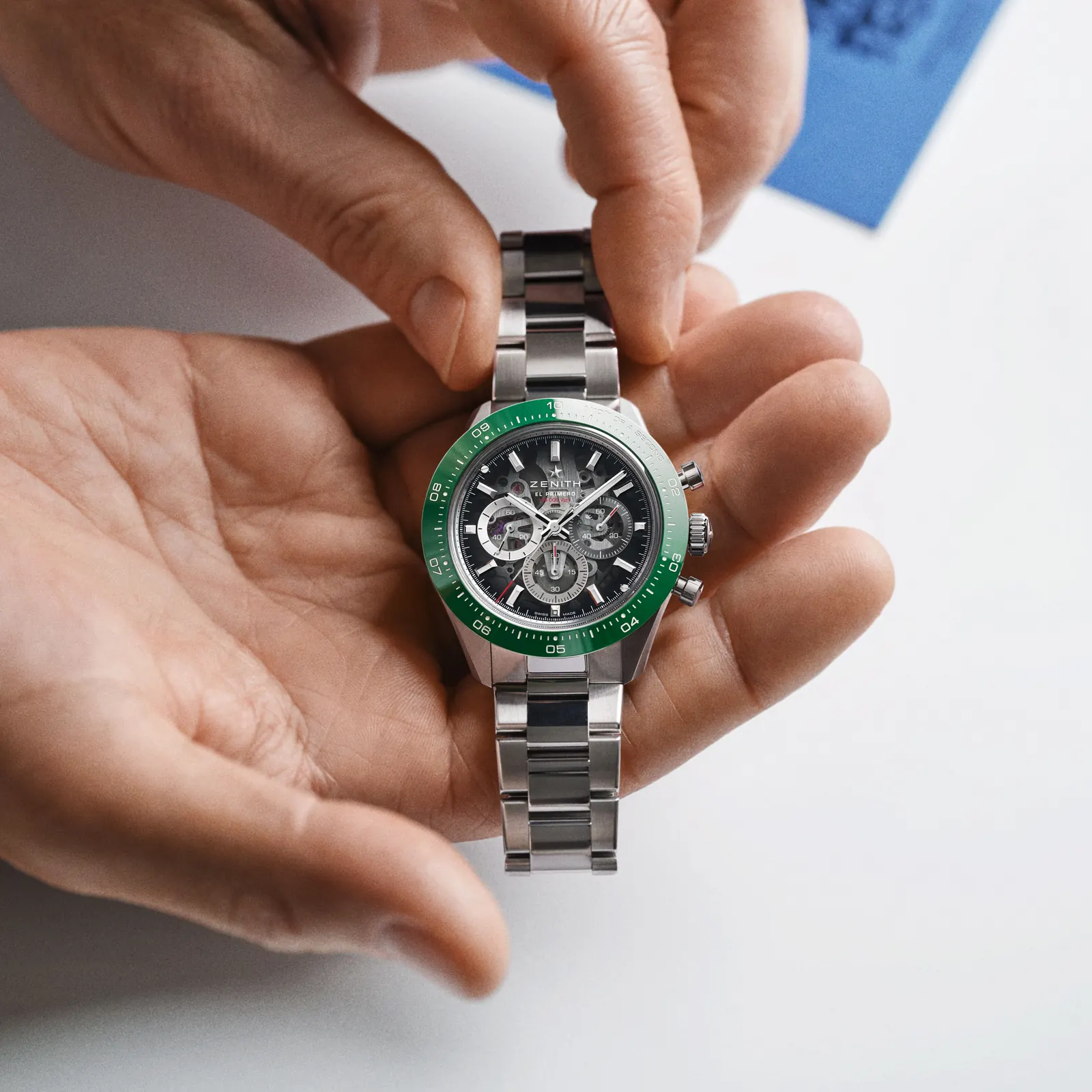 Zenith Chronomaster Sport Skeleton green ceramic bezel stainless steel dial detail