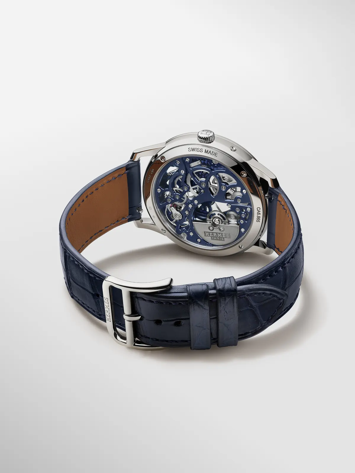 Hermès Slim d'Hermès Squelette Lune strap detail showing matt alligator and folding clasp