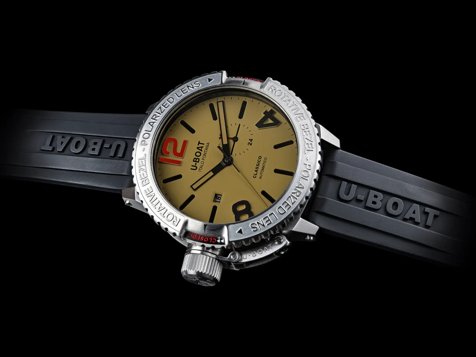 U-BOAT Classico Polarized Dark Mistery steel and DLC versions side by side on black surface