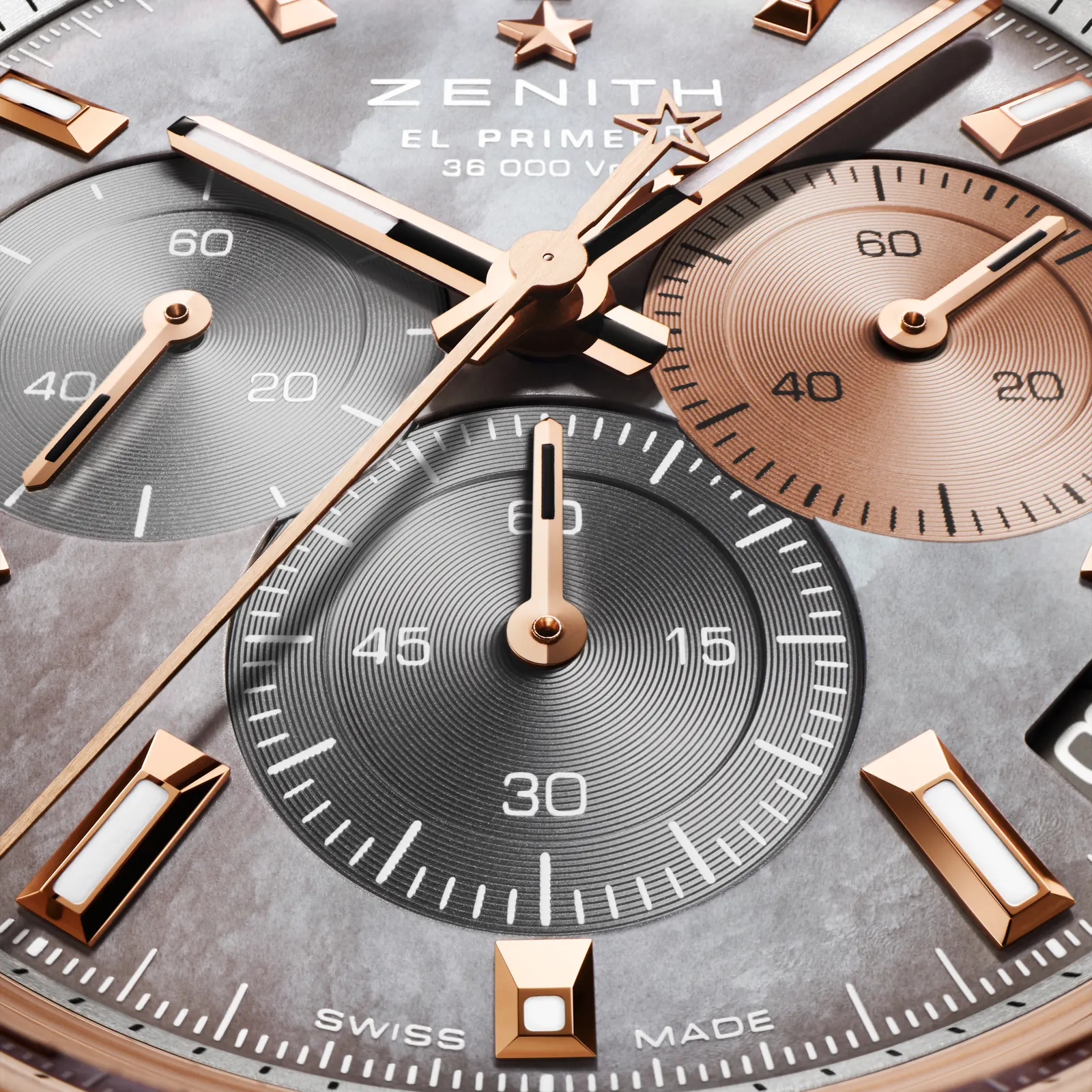 Zenith Chronomaster Sport two-tone watch on black rubber strap, frontal dial view 2026