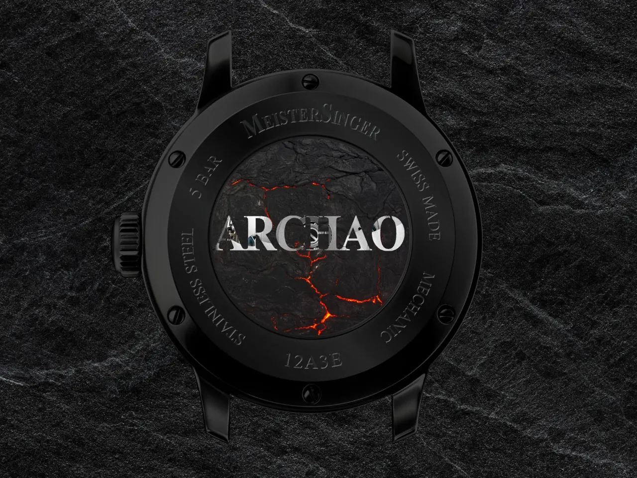 MeisterSinger Archao nighttime luminosity display showing LumiBlock afterglow on black dial