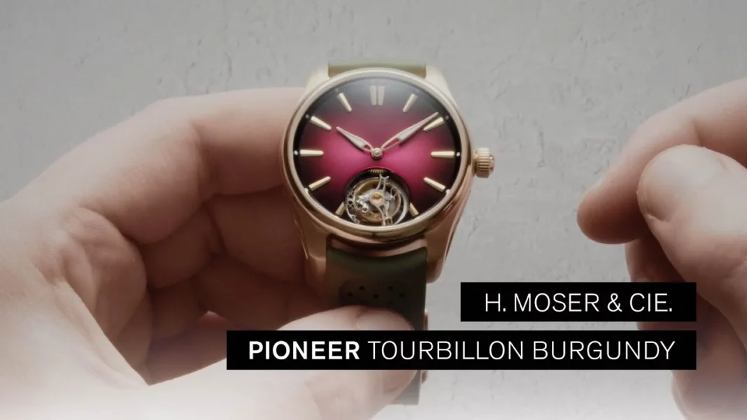 H Moser Cie Pioneer Tourbillon Burgundy With Fume Dial And Khaki Strap